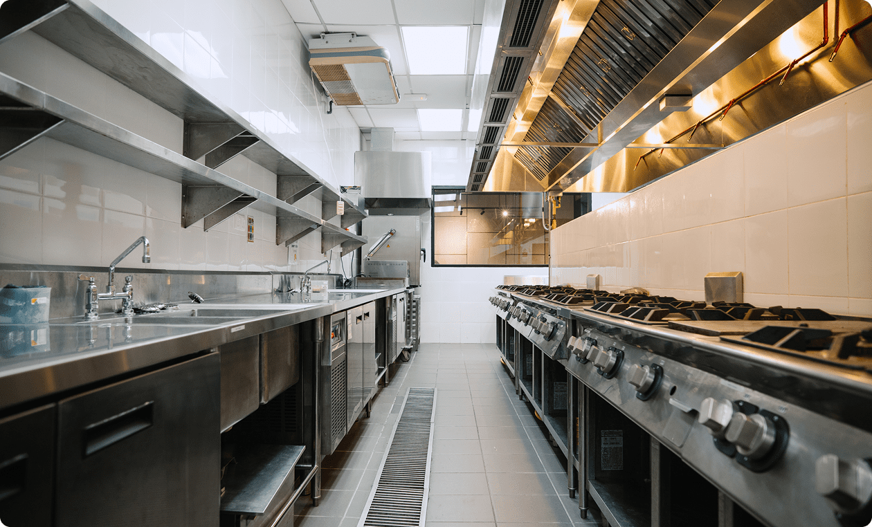 Commercial kitchen with stainless steel appliances
